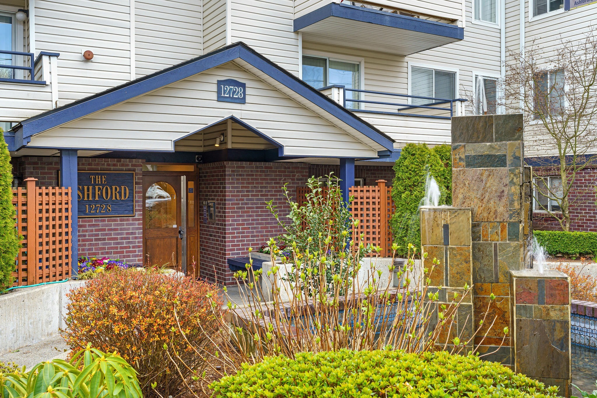 Building entrance with landscaping